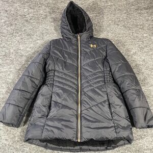 Under Armour Jacket Girls Extra Large Black Puffer Fleece Lined Hooded Sparkle